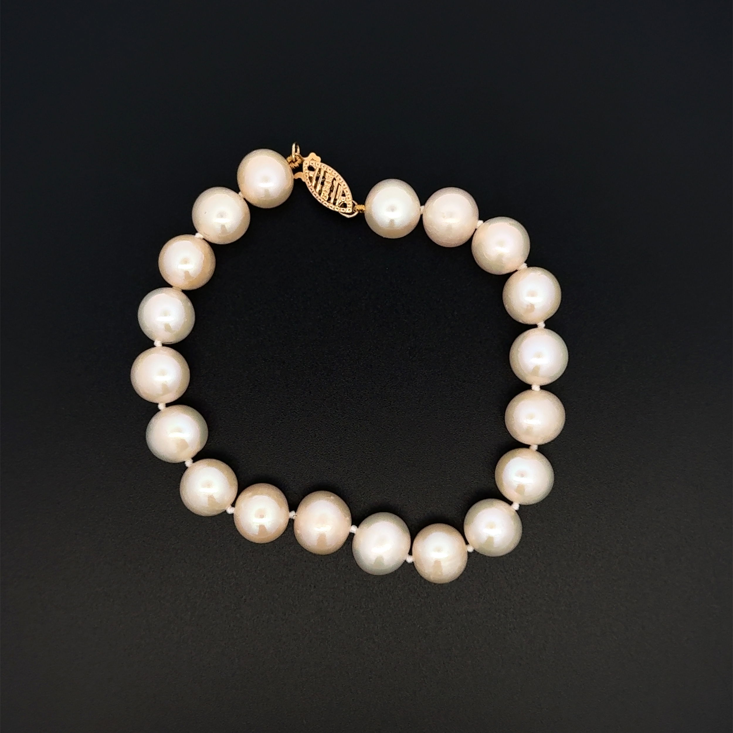 14K YG 9.5mm White Cultured Pearl Strand Bracelet 20.3g, 7"