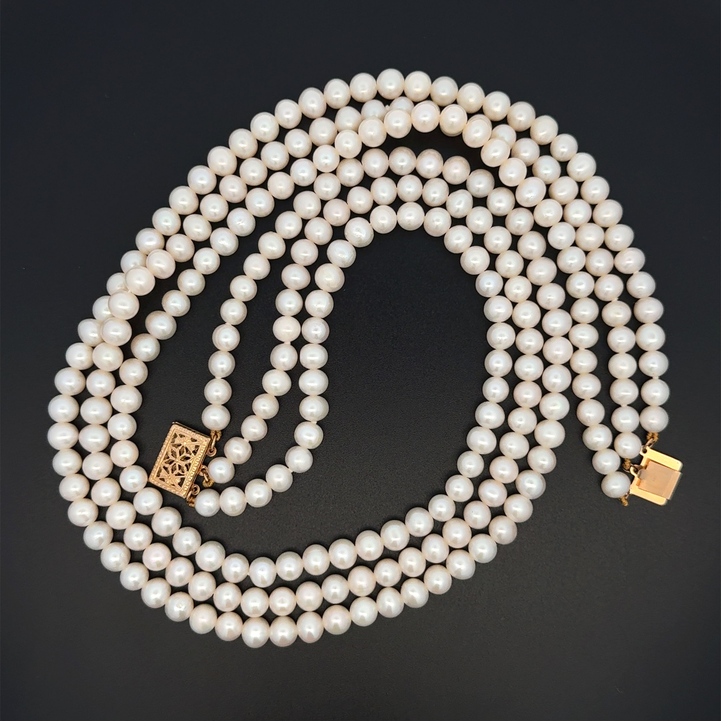 14K YG 5.5mm White Cultured Pearl Triple Strand Necklace 55.6g, 16"