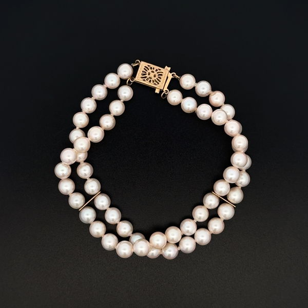 Closeup photo of 14K YG 5.75mm White Cultured Pearl Double Strand Bracelet 16.2g, 7"