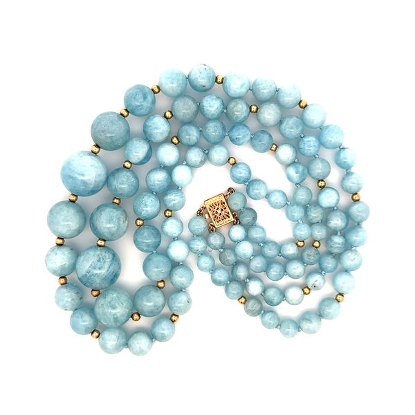 Closeup photo of 14K YG Graduated 7-15.5mm Blue Agate Round Bead Double Strand Necklace 90.6g, 16"