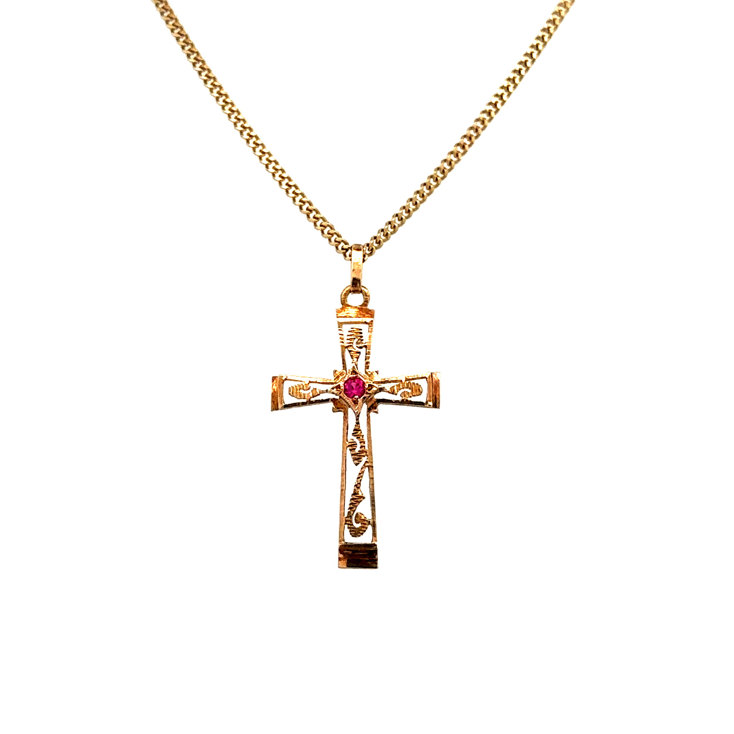 14K YG Vintage Cross Syn. Ruby Pendant on 10K YG Chain 5.3g, 24"