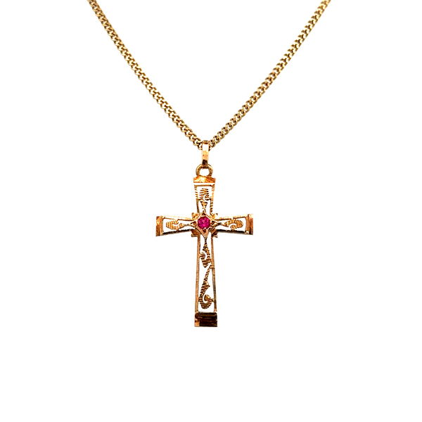 Closeup photo of 14K YG Vintage Cross Syn. Ruby Pendant on 10K YG Chain 5.3g, 24"