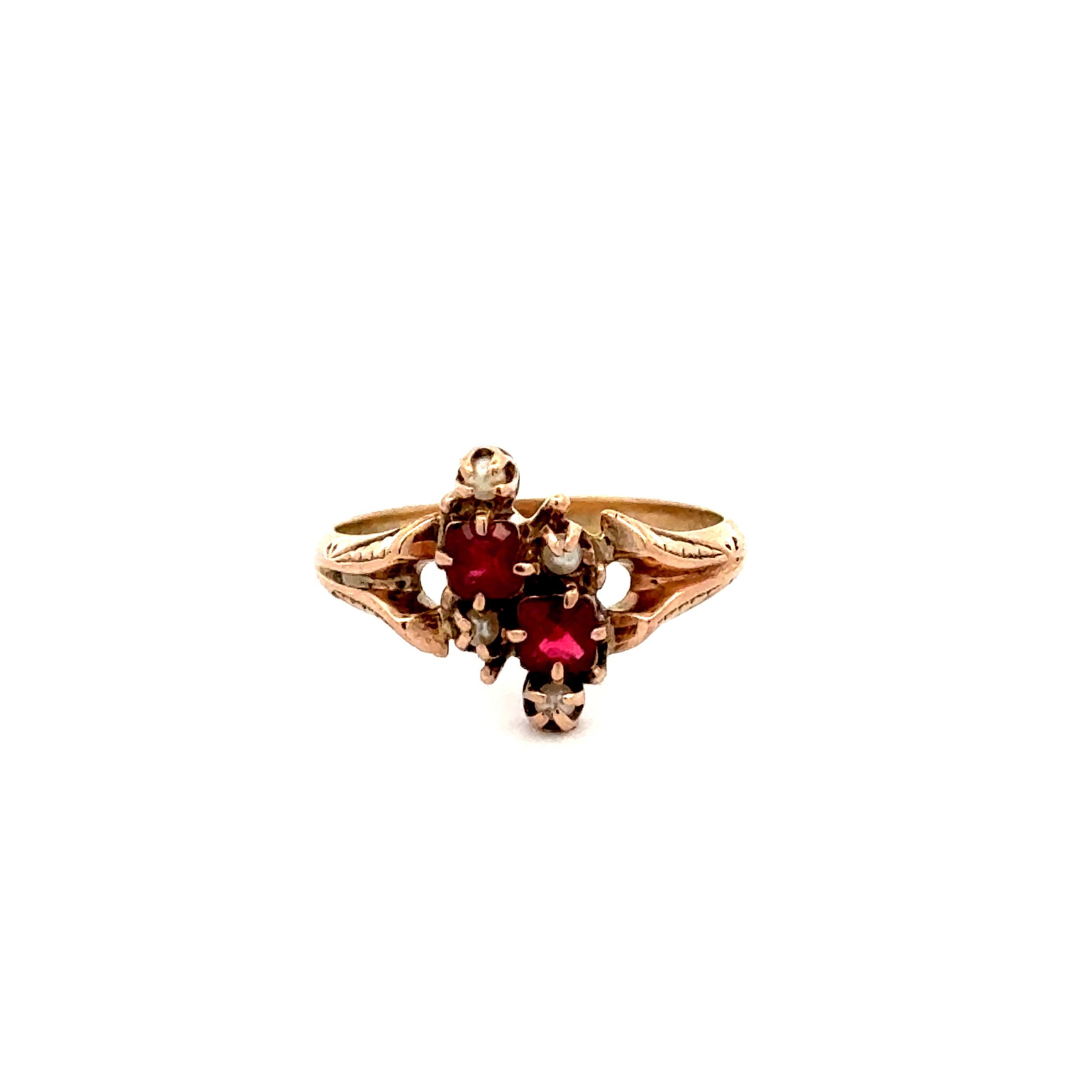 9K YG Victorian Syn Ruby & Seed Pearl Engraved Bias Ring 1.8g, s5