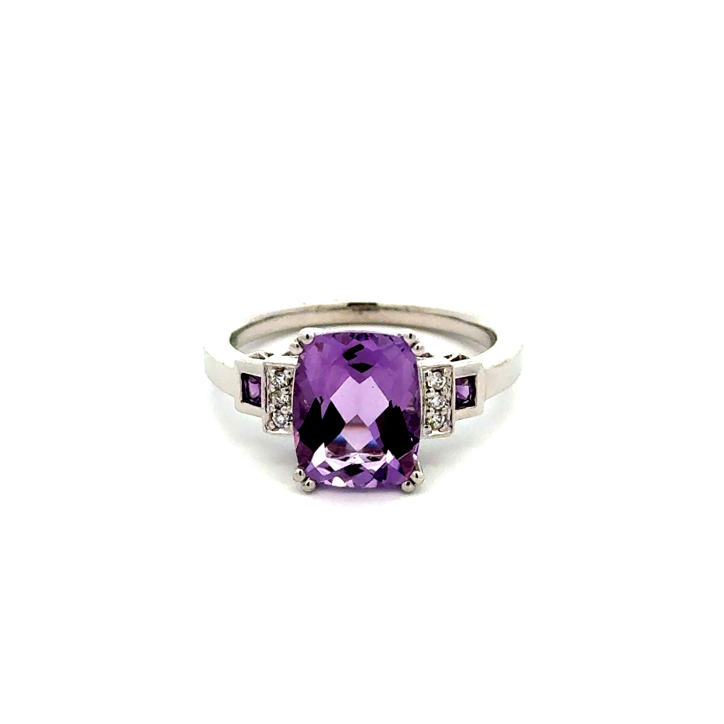 14K WG 1.80ct Checkerboard Amethyst, .03tcw Diamond & .08tcw Amethyst Ring 4.4g, s7