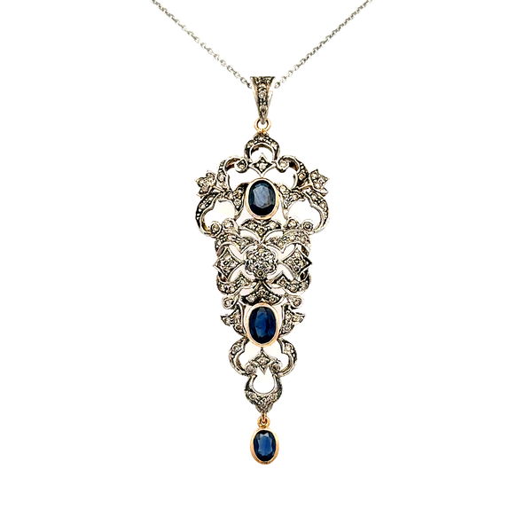 Closeup photo of SIlver on 18K Vintage 2.00tcw Sapphire & .85tcw Diamond Drop Pendant 10.0g, 16"