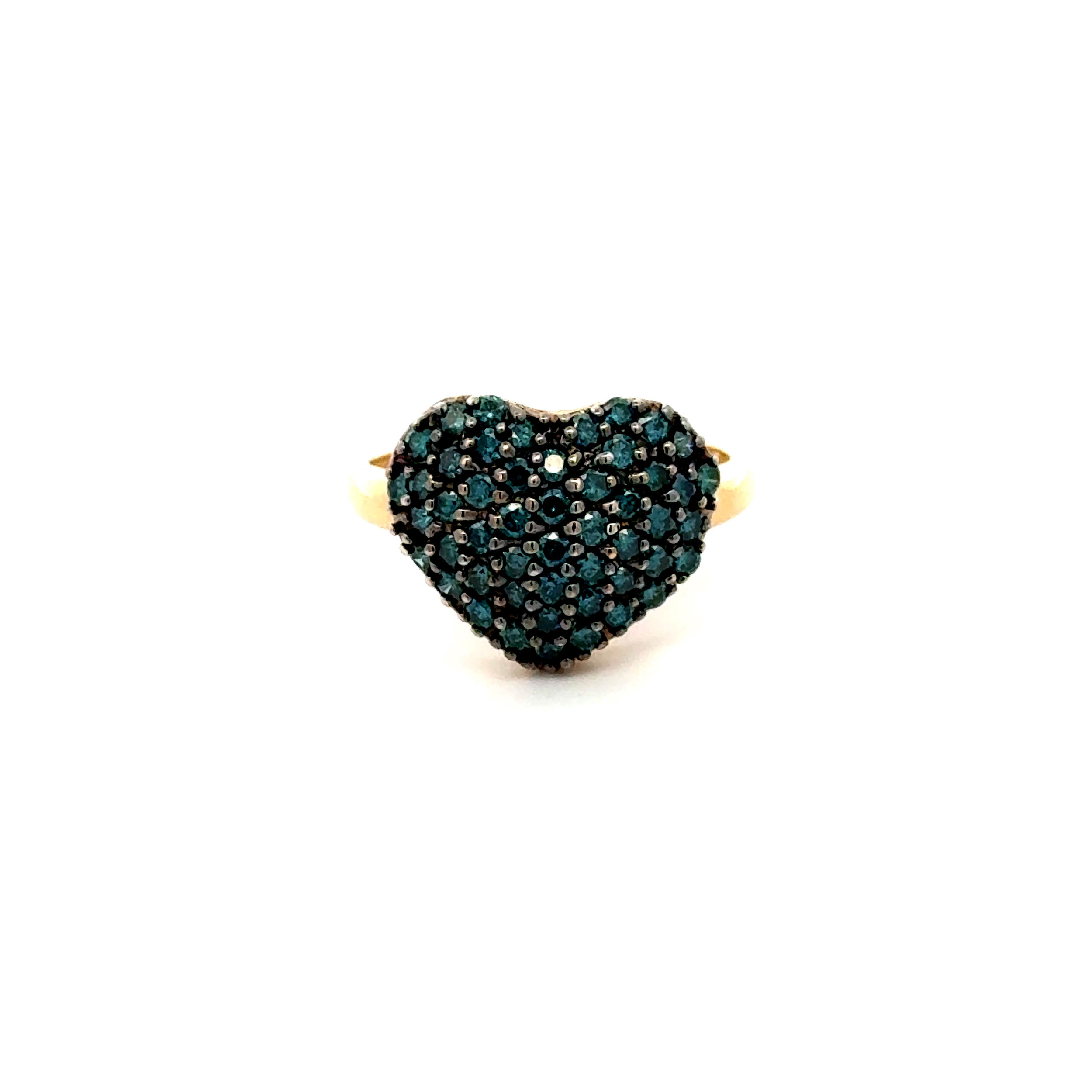 14K YG 1.00tcw Treated Blue Diamond Pave HEART Ring 3.1g, s6