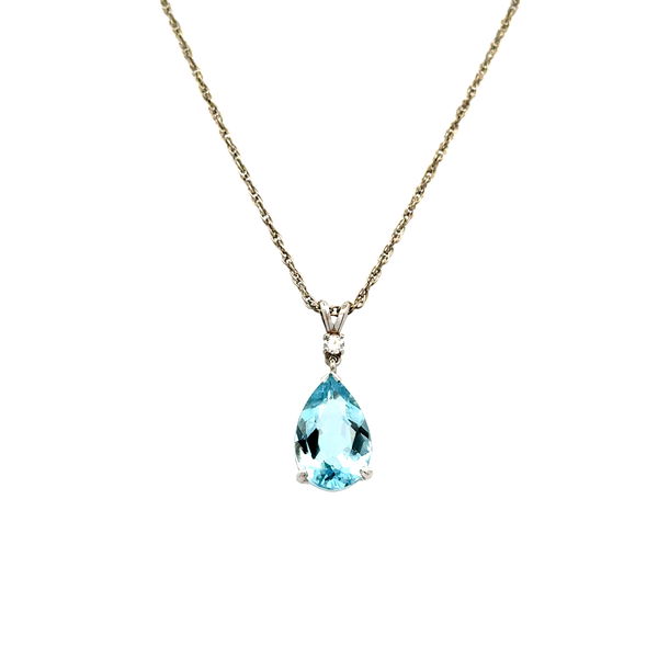 Closeup photo of 14K WG 3ct Pear Aquamarine & .04ct RBC Diamond Pendant Necklace 4.7g, 18"