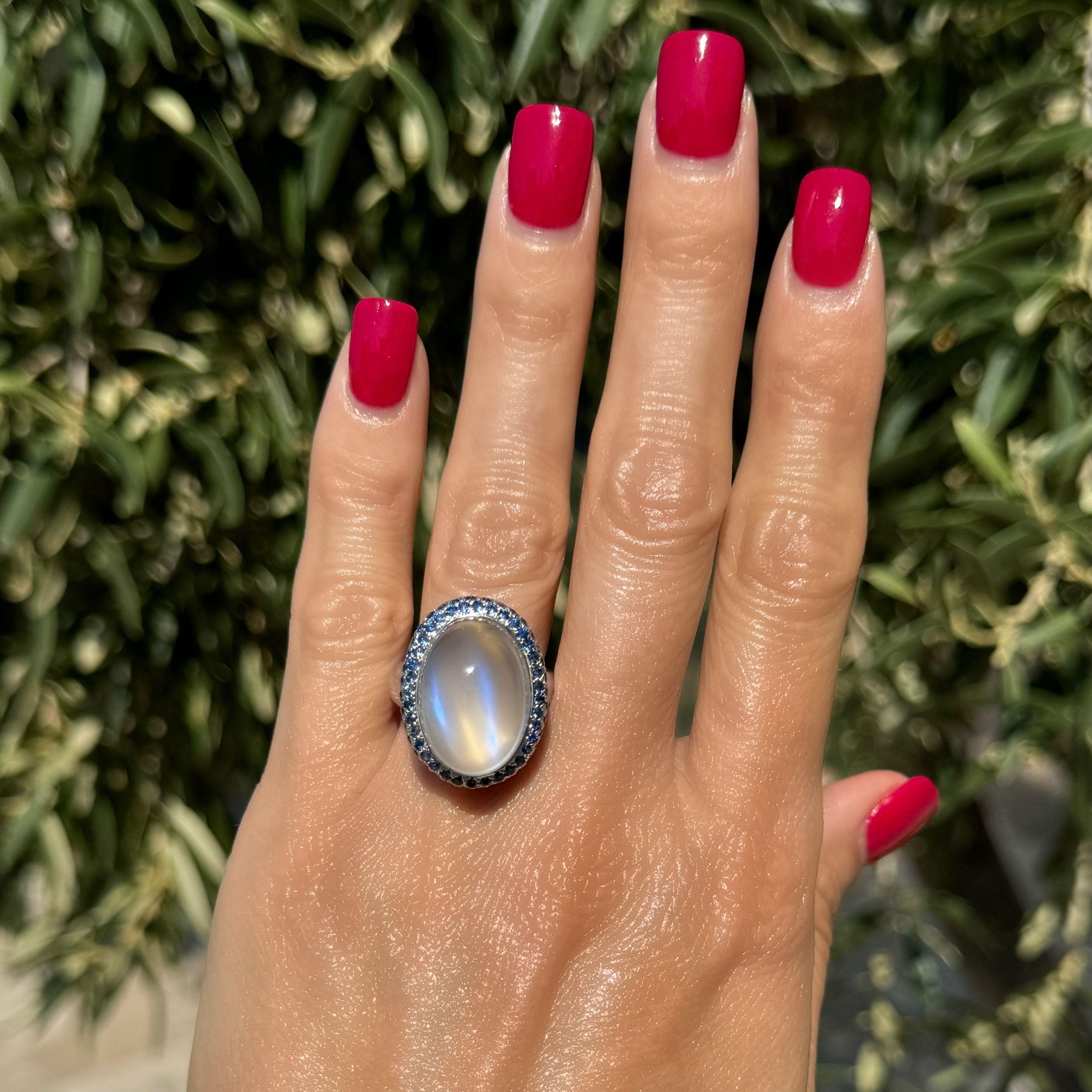 18K WG DOROTA 20ct Rare Amazing Moonstone & 2.00tcw Sapphire Halo Ring 24.3g, s6.5