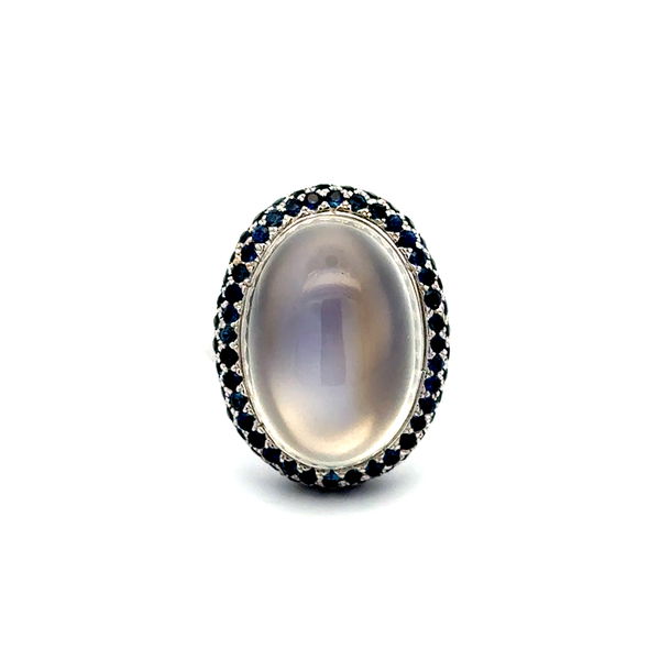 Closeup photo of 18K WG DOROTA 20ct Rare Amazing Moonstone & 2.00tcw Sapphire Halo Ring 24.3g, s6.5