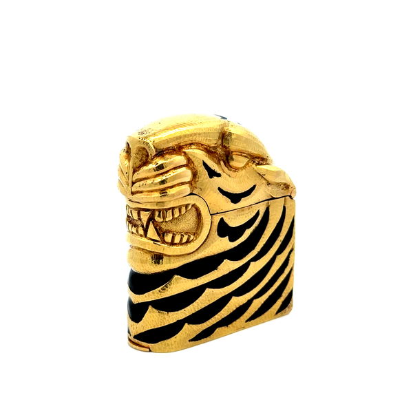 Closeup photo of 18K YG DAVID WEBB RARE Black Enamel Striped Tiger Flip Top Butane Lighter 99.7g 45x39mm