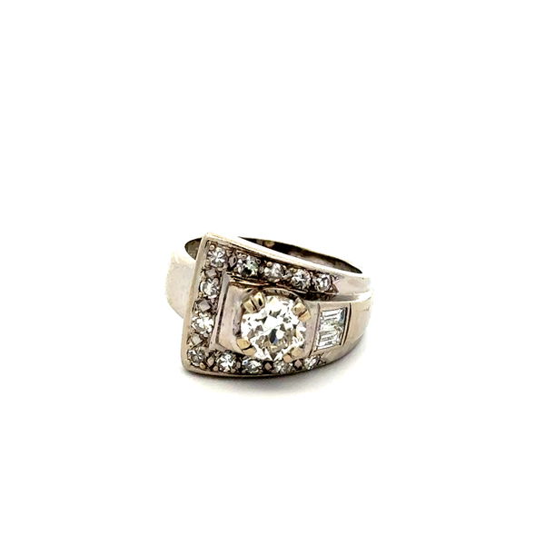 Closeup photo of 14K WG Retro .55ct OEC Diamond & .36tcw Baguette & SC Diamond Buckle Ring 5.3g, s4.25