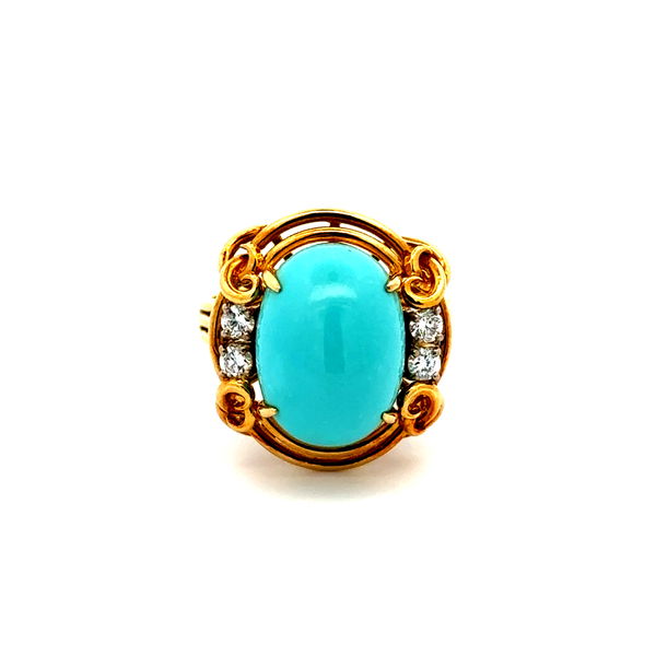 Closeup photo of 18K YG 1970's Hammerman Bros 4.00ct Persian Turquoise & .20tcw RBC Diamond Ring 7.8g, s6.75