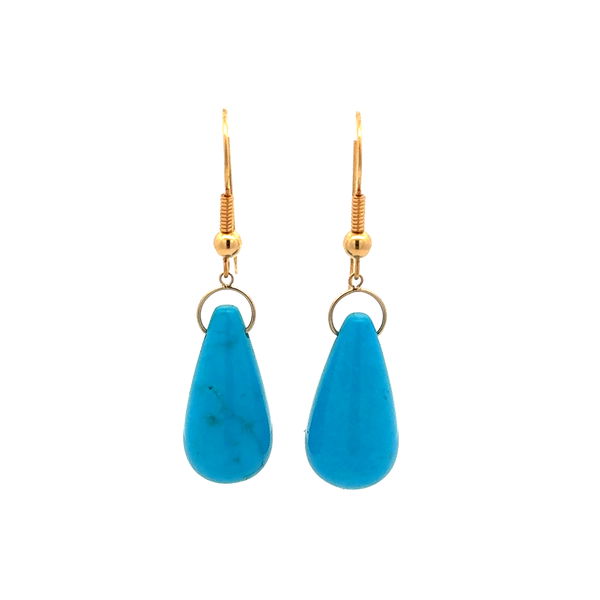 Closeup photo of 14K YG 40tcw Tear Drop Turquoise Drop Wire Earrings 10.5g