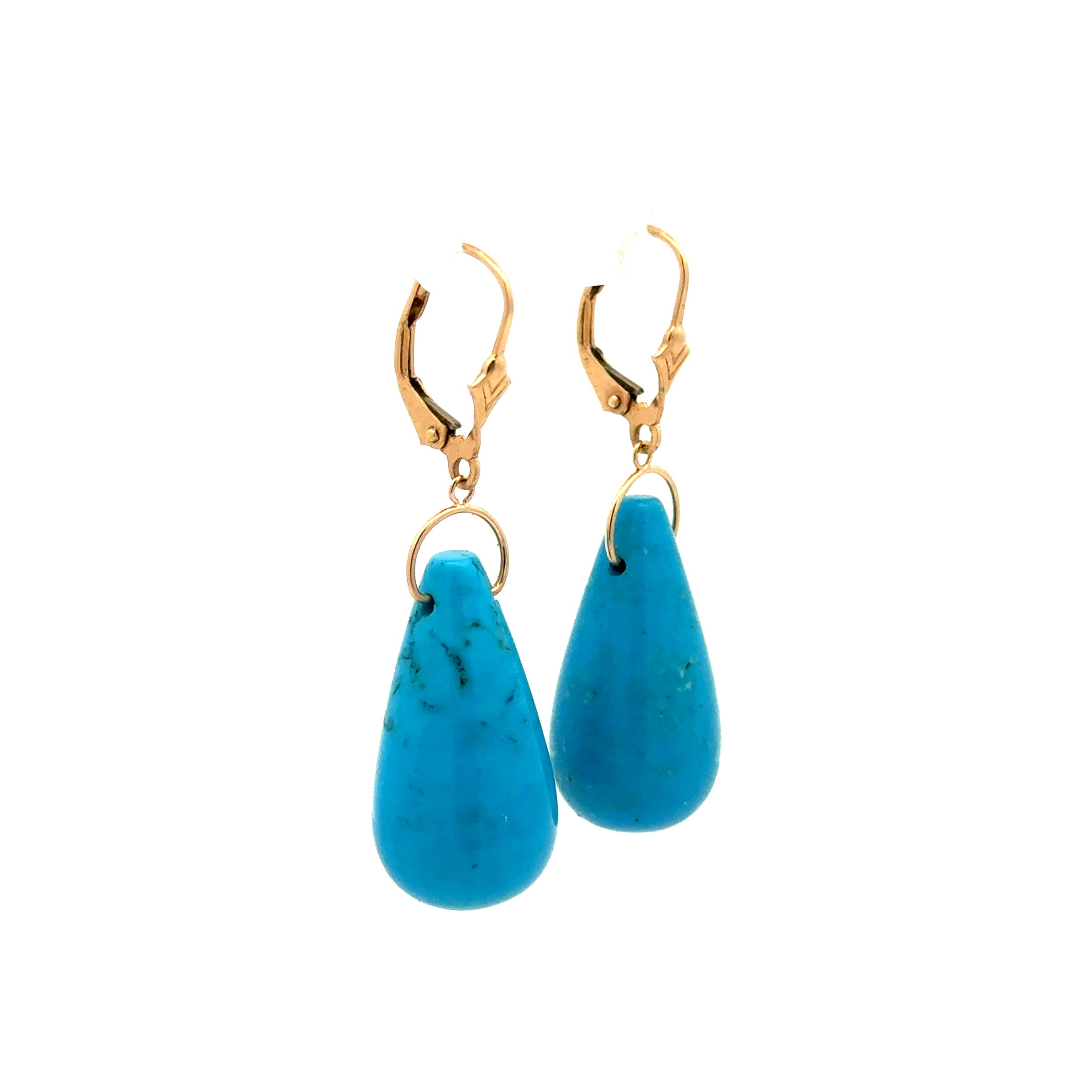 14K YG 40tcw Tear Drop Turquoise Drop Leverback Earrings 10.5g 14K YG 40tcw Tear Drop Turquoise Drop Leverback Earrings 10.5g