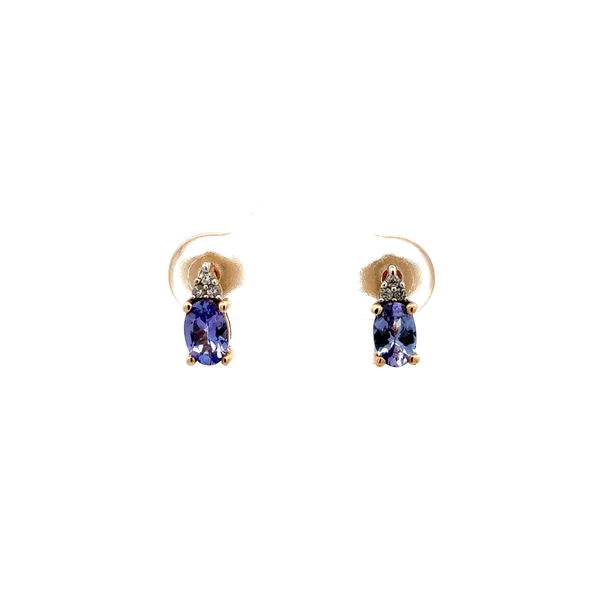 Closeup photo of 10K YG 1.00tcw Oval Tanzanite & .05tcw Diamond Earrings on Post 1.4g