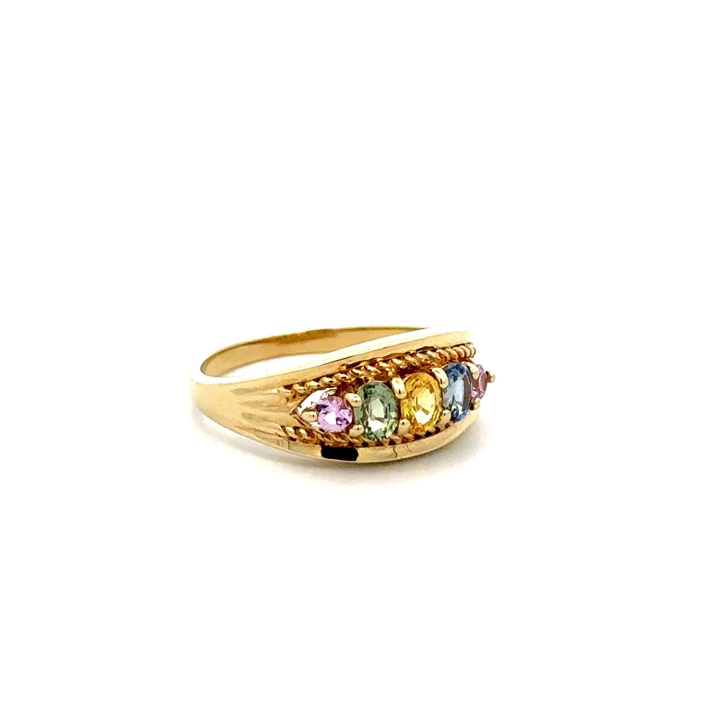 14K YG 5 Stone 1.00tcw Rainbow Sapphire Dome Band Ring 3.3g, s7