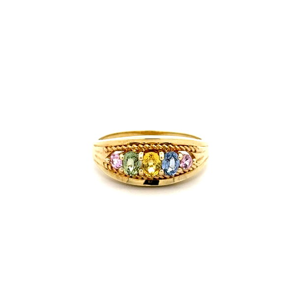 Closeup photo of 14K YG 5 Stone 1.00tcw Rainbow Sapphire Dome Band Ring 3.3g, s7