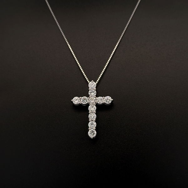 Closeup photo of Platinum 900 1.50tcw RBC 11 Diamond Cross Necklace 5.4g on Platinum 850 Chain 18"