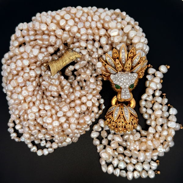 Closeup photo of 18K & 14K Lions Head 1.55tcw Diamond & .50ct Emerald Pendant on 9 Strand Pearl Necklace 185.1g, 21"