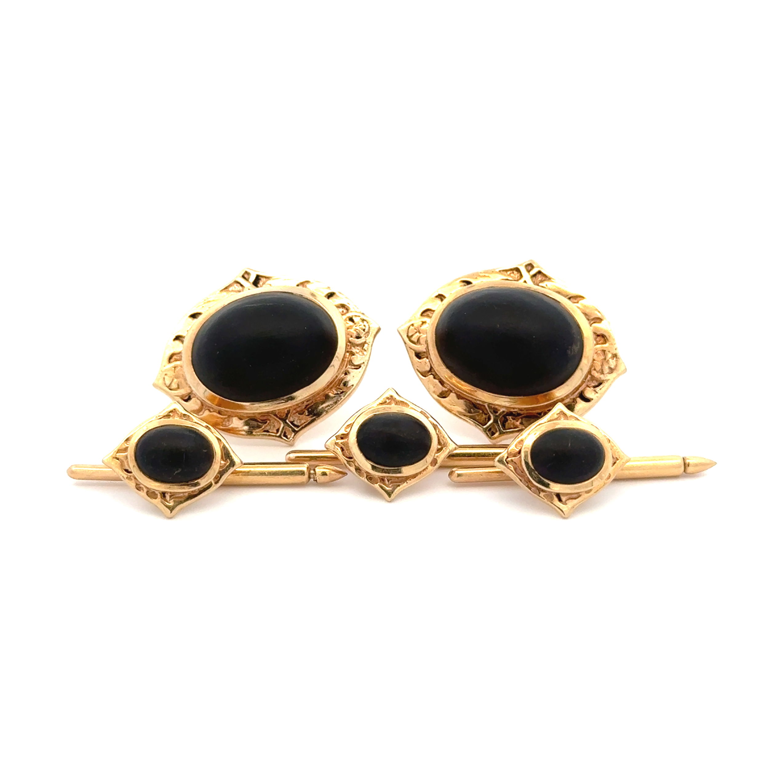 14K YG Vintage Ebony 5 Piece Cufflinks & Stud Set 28.8g