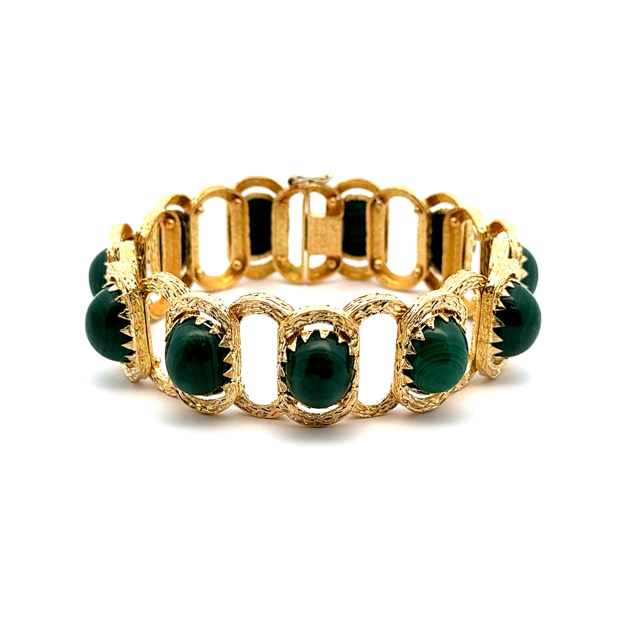 18K YG 1960s 50tcw Cabochon Bull's Eye Malachite & Brushed Gold Bracelet 51.1g, 7"