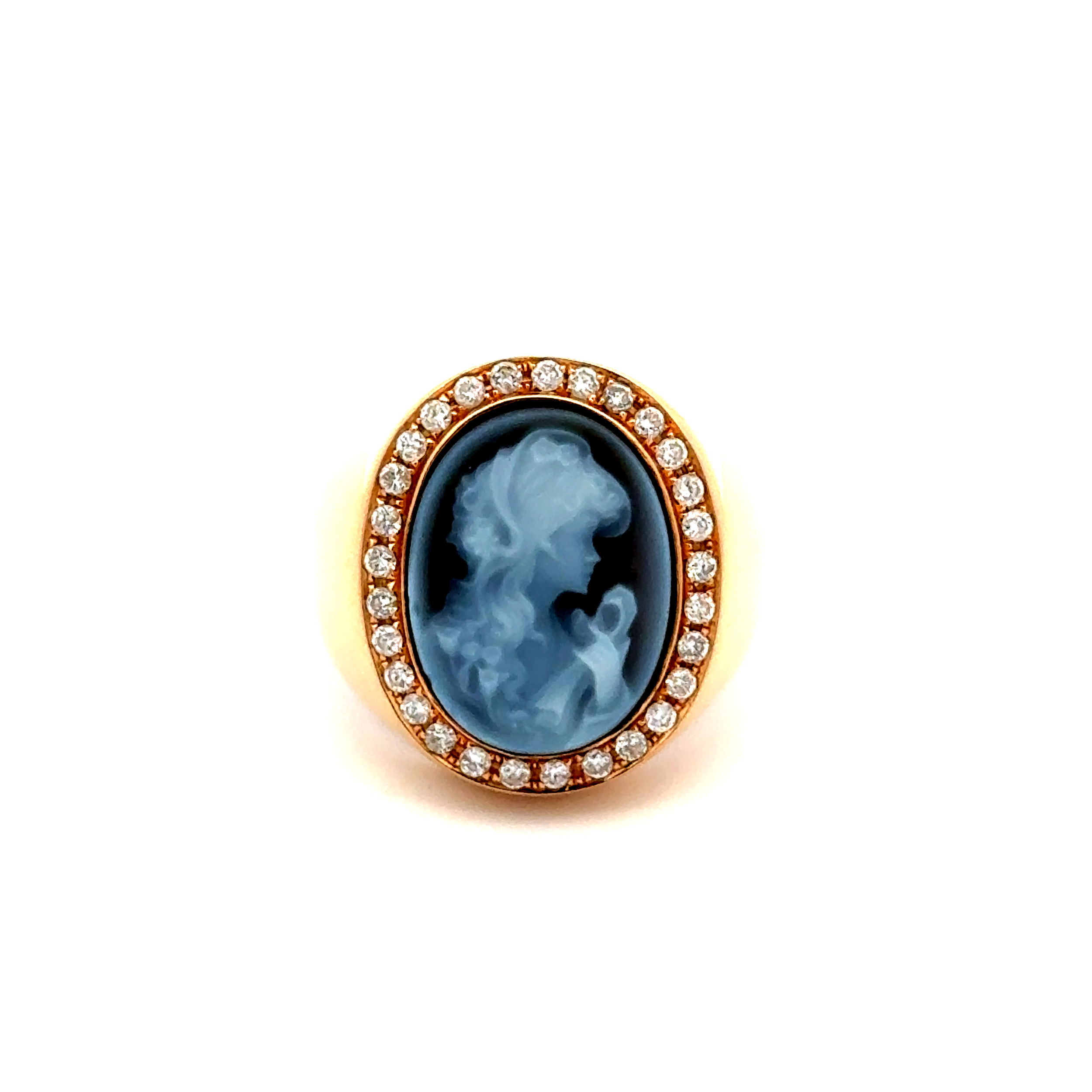 18K YG Eredi Jovon Italian Fine Onyx Cameo & .45tcw Diamond Ring 15.4g, s7.5