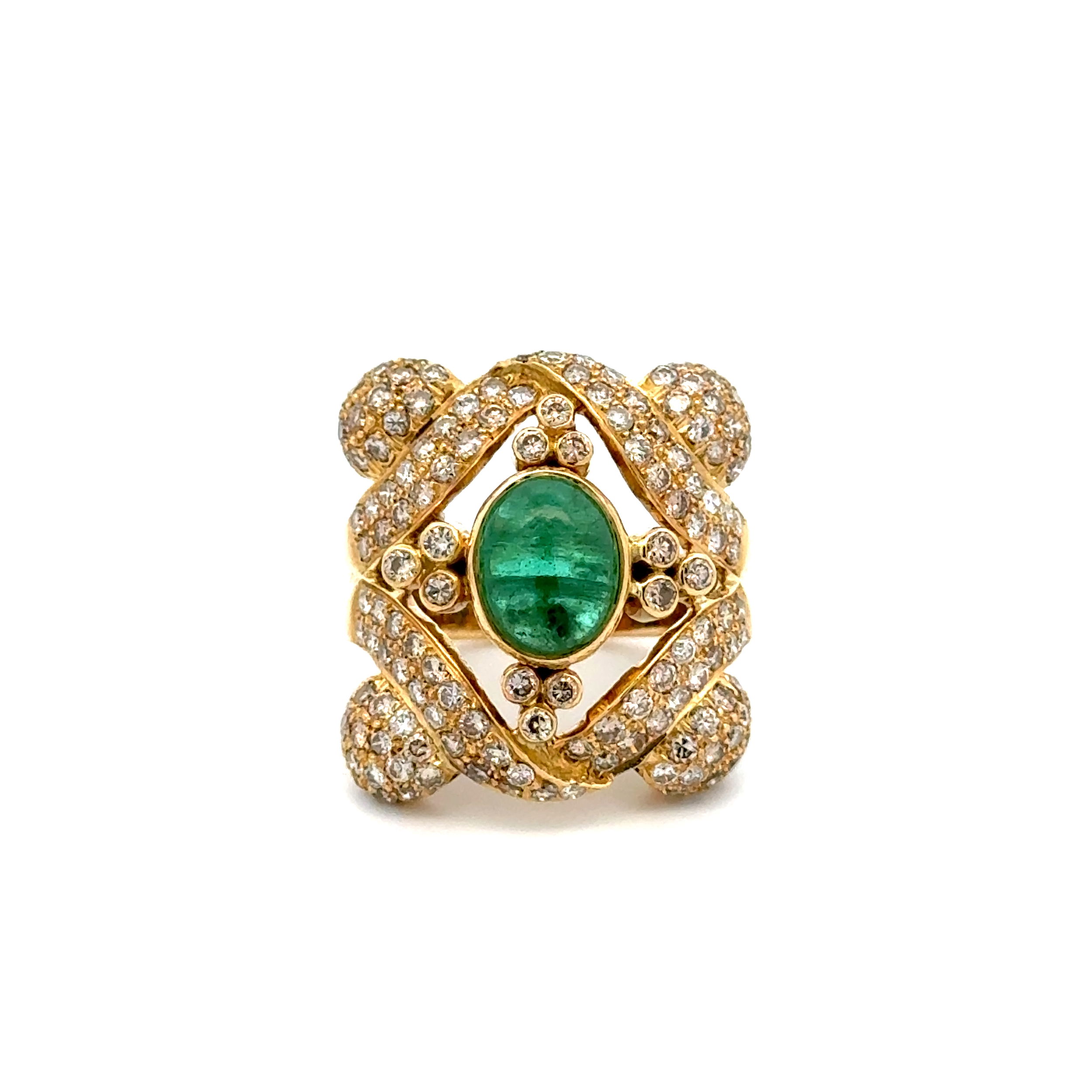 18K YG Italian 1.50ct Cabochon Emerald & 3.00tcw RBC Diamond Ring 13.4g, s5.5 18K YG Italian 1.50ct Cabochon Emerald & 3.00tcw RBC Diamond Ring 13.4g, s5.5