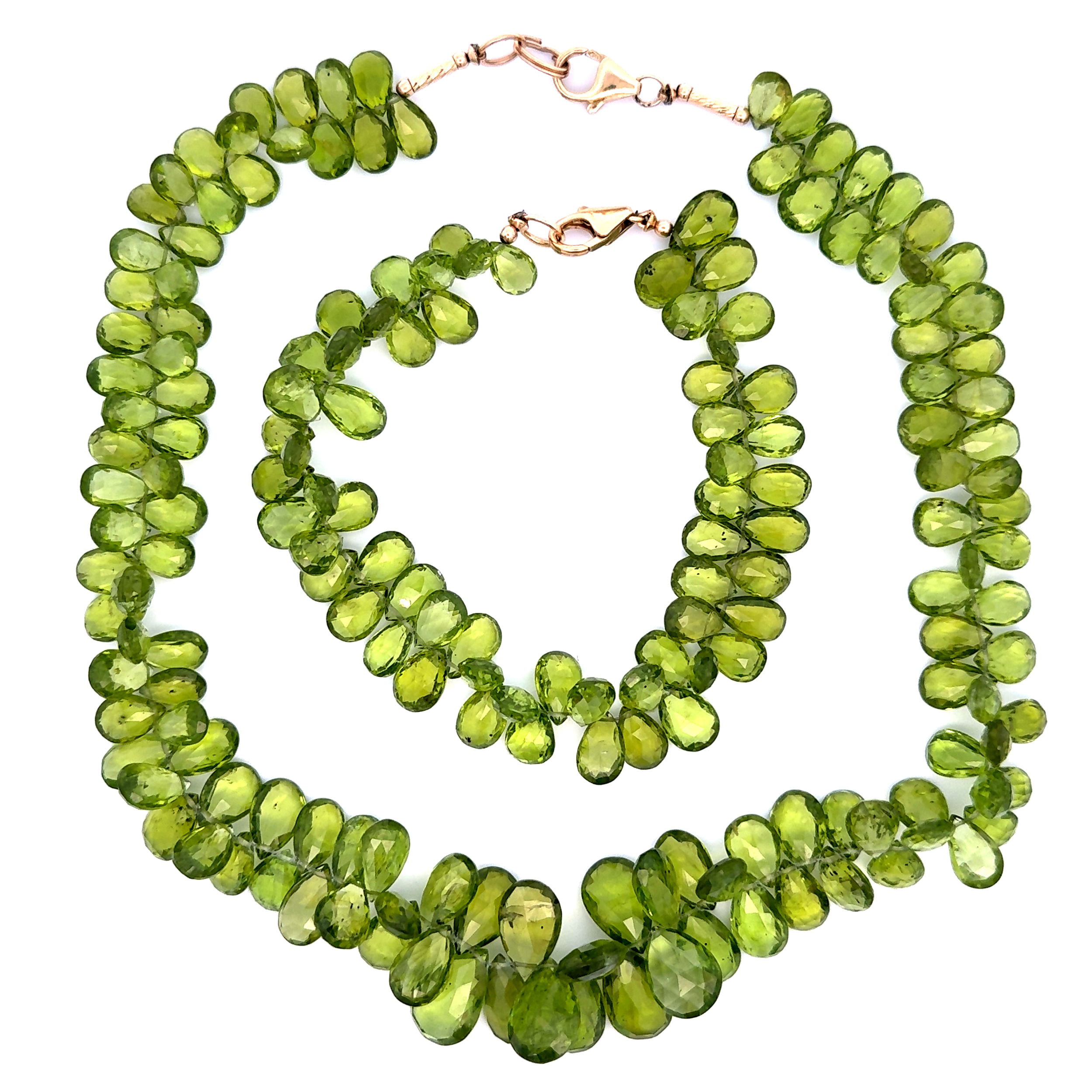 14K YG 300tcw Faceted Peridot Choker & Bracelet Set 71.5g, 14" + 7", 21"