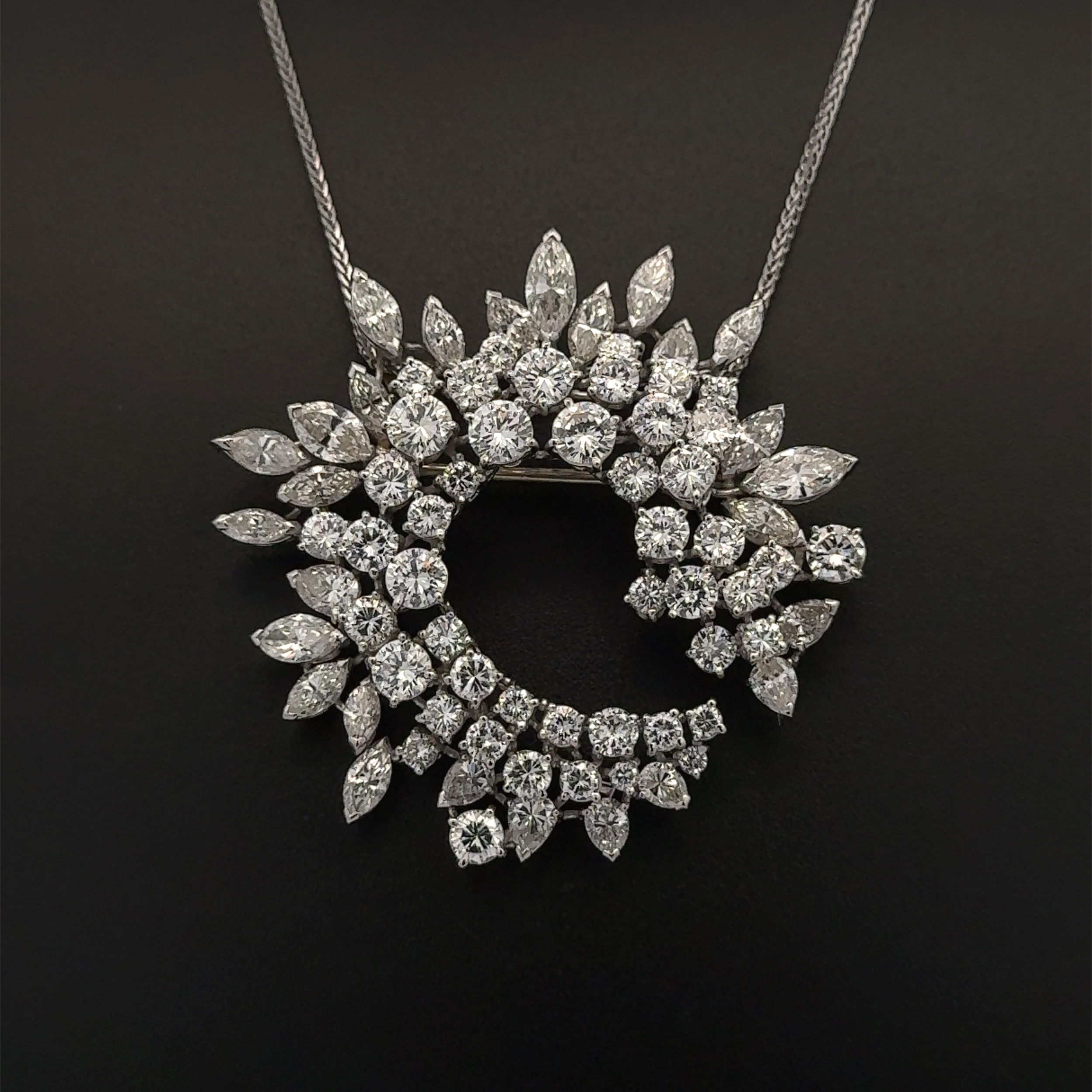 Platinum & Palladium 8.00tcw RBC & 5.00tcw Marquis & Pear Diamond Spray Brooch Pendant on 18KW Chain 22.3g, 18"