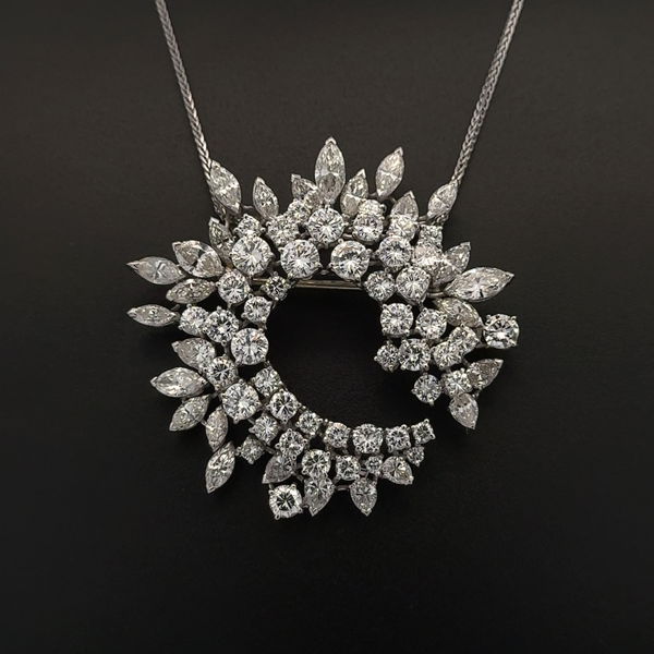 Closeup photo of Platinum & Palladium 8.00tcw RBC & 5.00tcw Marquis & Pear Diamond Spray Brooch Pendant on 18KW Chain 22.3g, 18"