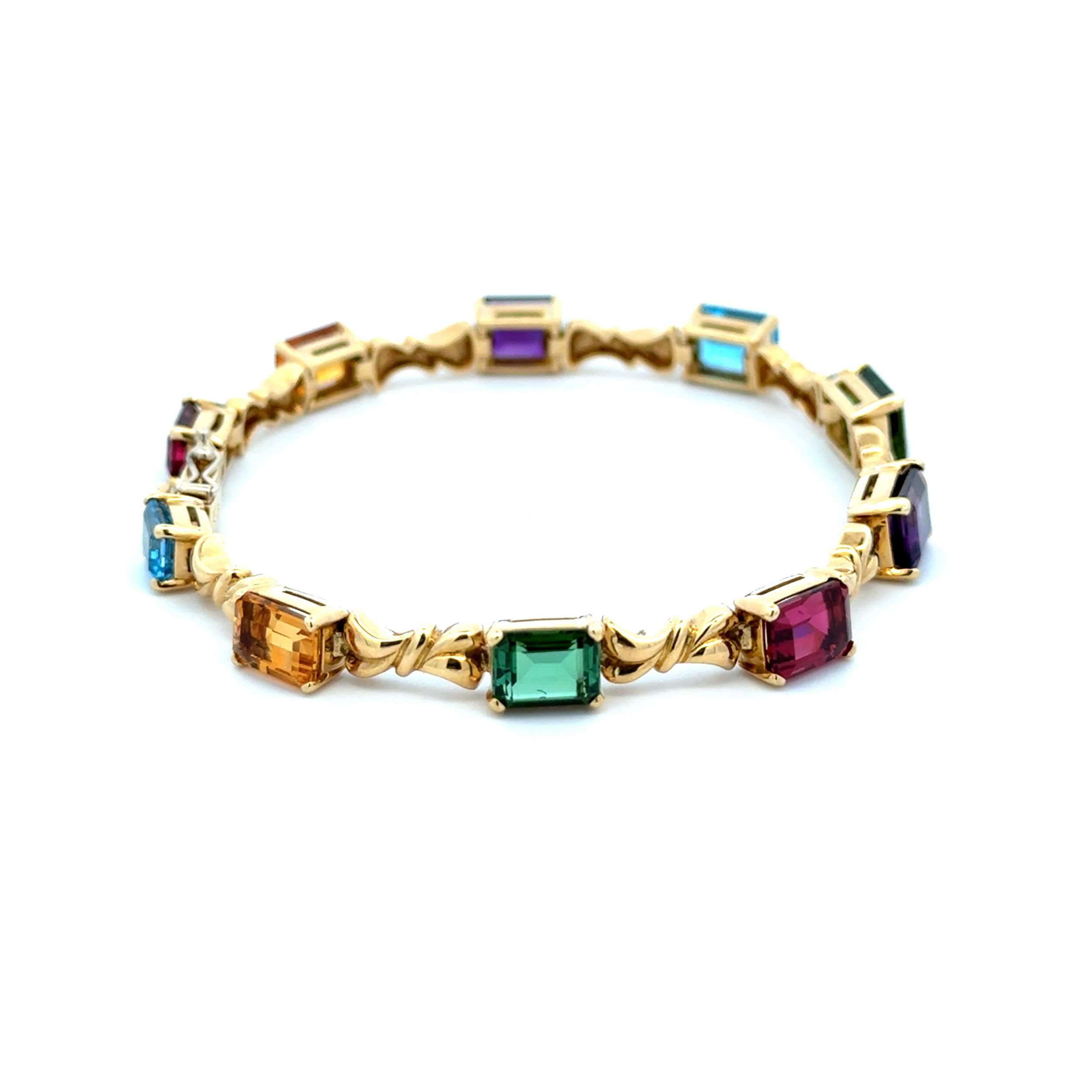 18K YG 15tcw Touramline, Amethyst, Topaz & Citrine Rainbow Bracelet 18.0g, 7"