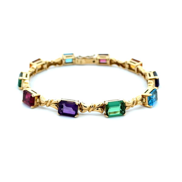 Closeup photo of 18K YG 15tcw Touramline, Amethyst, Topaz & Citrine Rainbow Bracelet 18.0g, 7"