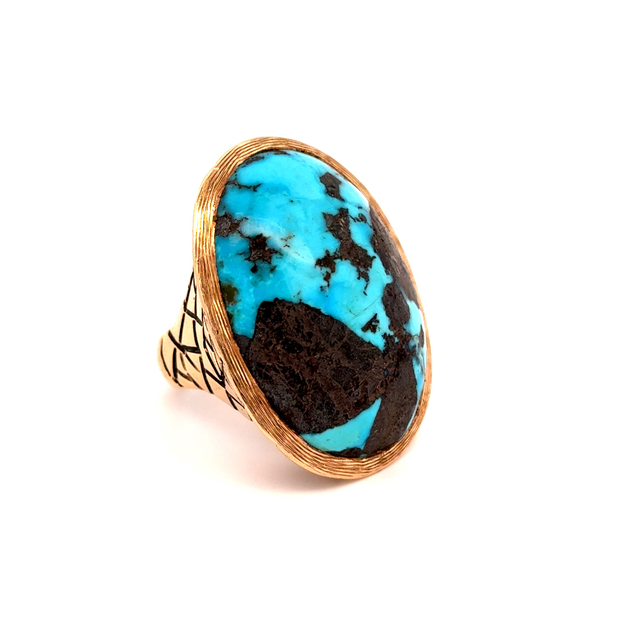 14K YG Large Vintage 50ct Turquoise Detailed Ring 33.1g, s9