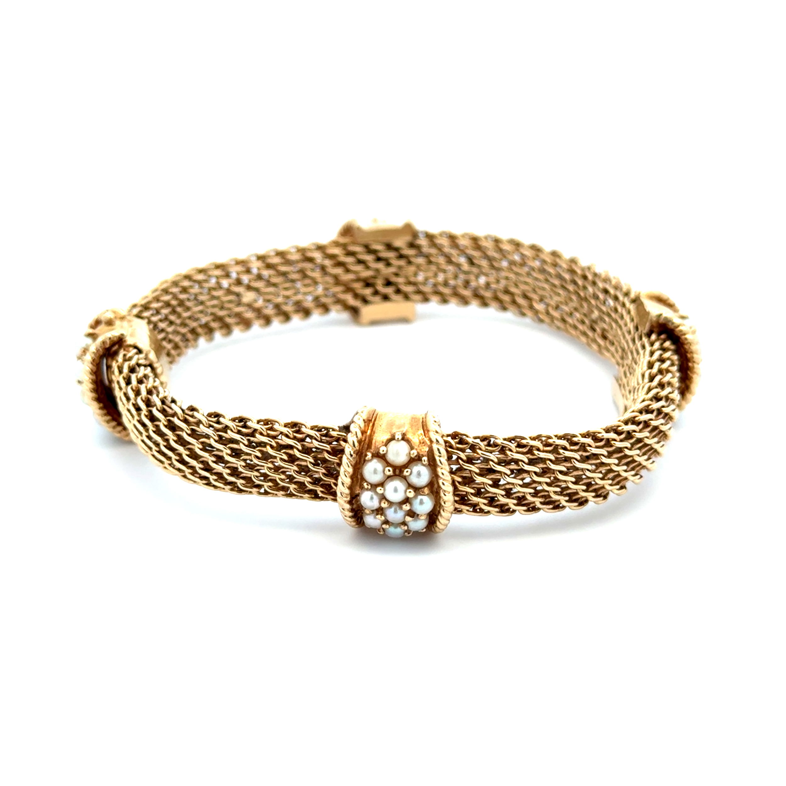 14K YG Victorian Seed Pearl Station & Mesh Bracelet 37.2g, 8"