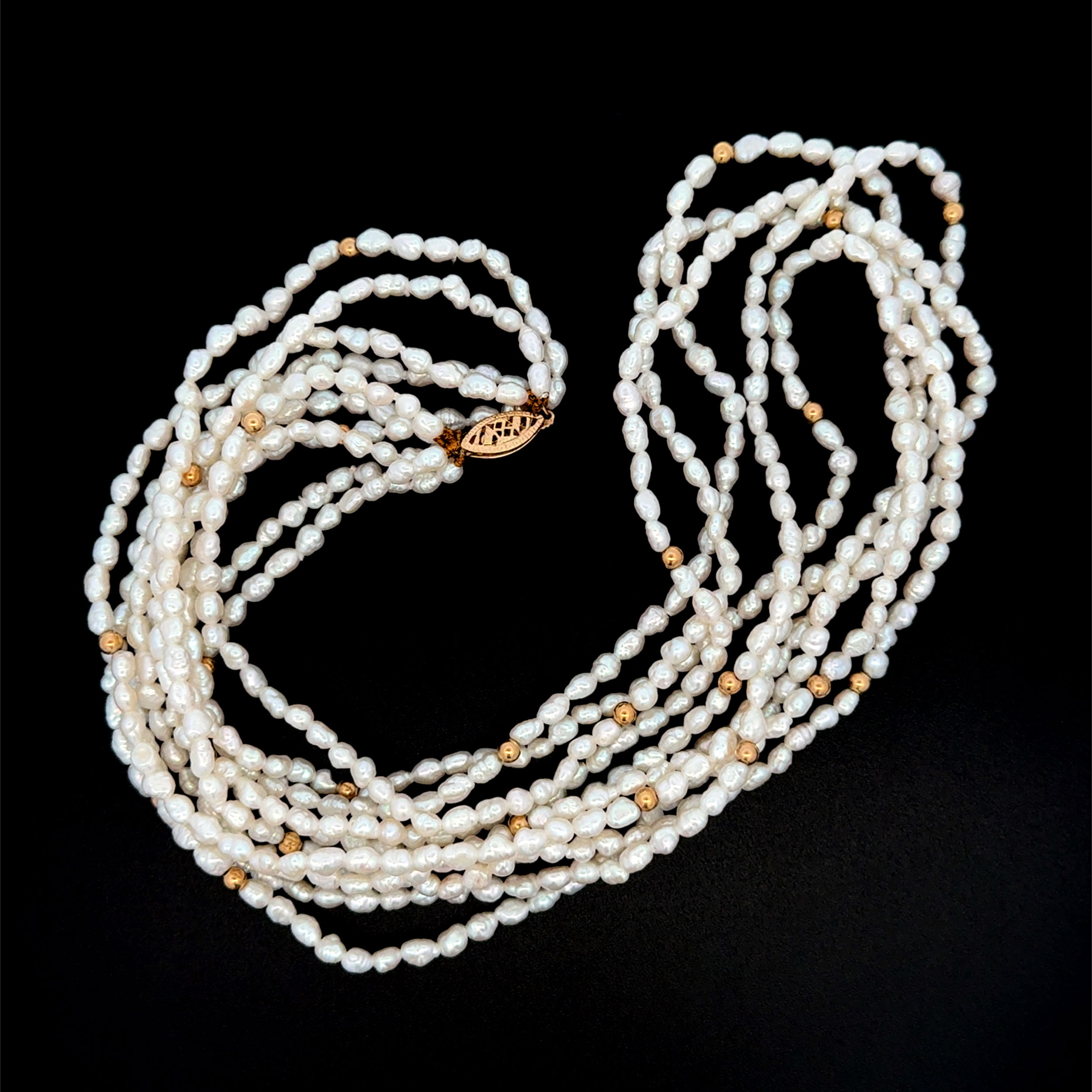 14K YG 5 Strand Biwa Freshwater Pearl & Gold Bead Necklace 30.0g, 18"