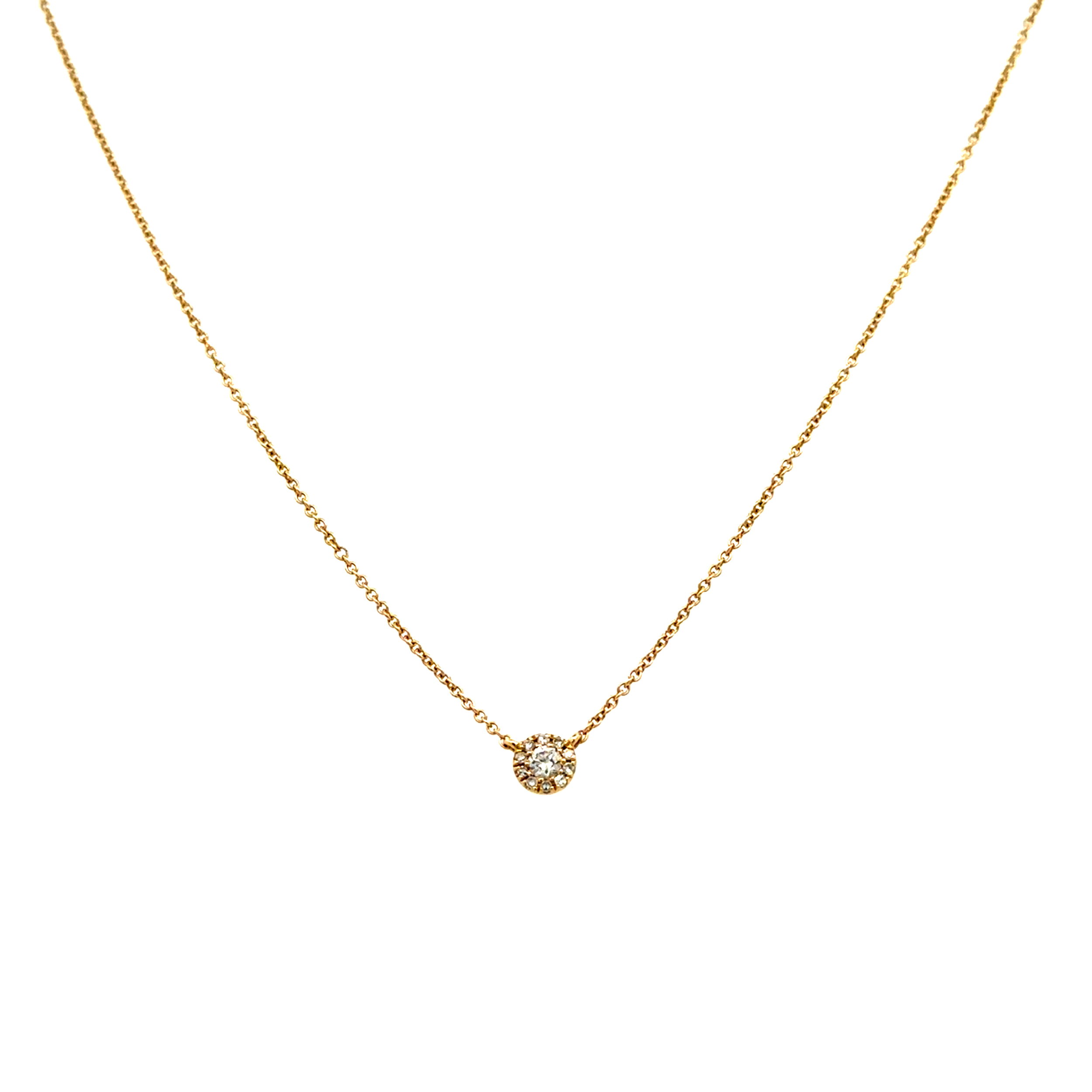 14K YG Petite .15tcw RBC Diamond Halo Necklace 1.6g, 18"