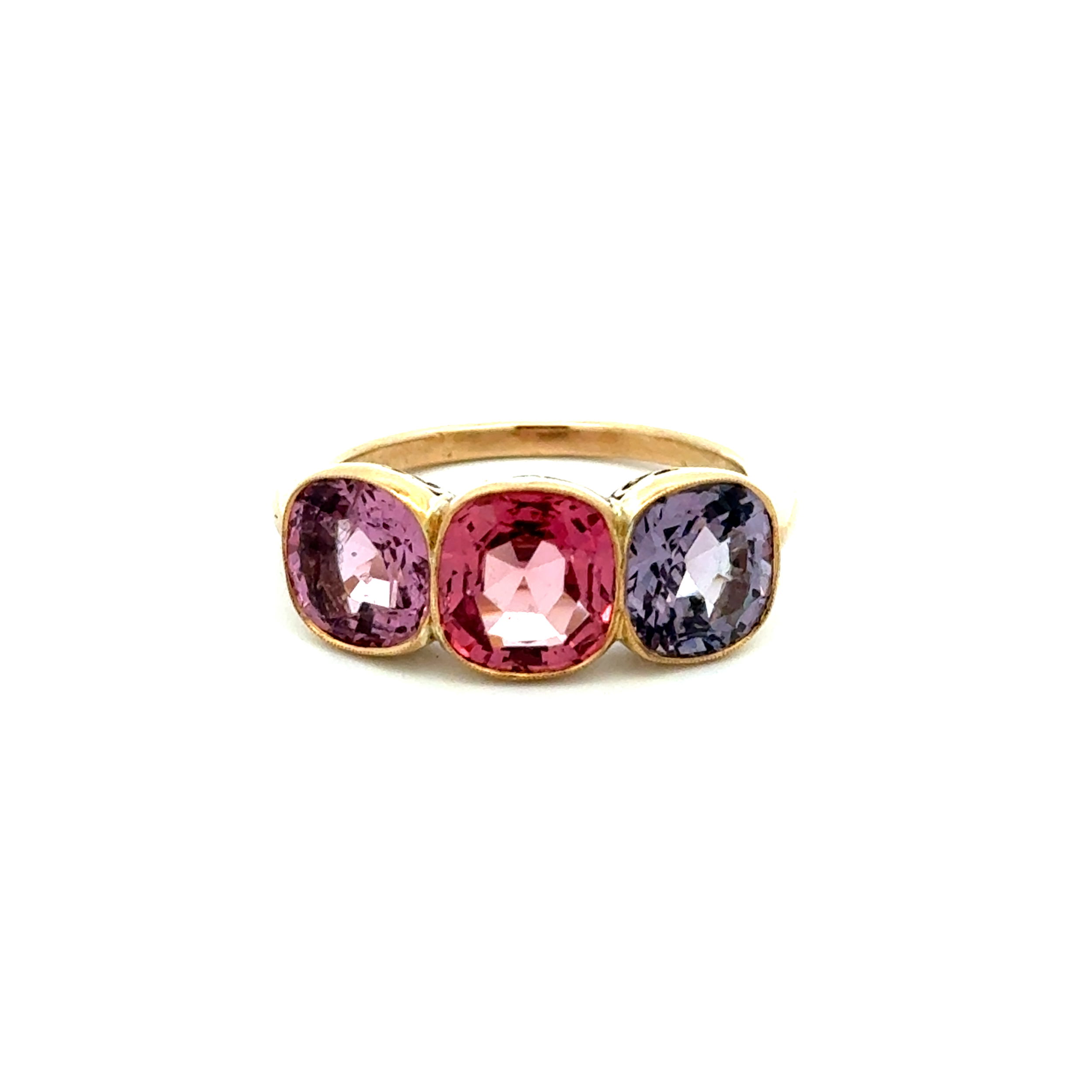 18K YG Vintage 2.14ct, 2.12ct & 2.08ct Cushion Pastel Pink & Purple NO HEAT Spinel GIA 3 Stone Ring 5.2g, s7.5