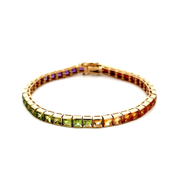 Closeup photo of 14K YG 8.00tcw Rainbow Amethyst, Peridot, Citrine & Garnet Line Bracelet 14.7g, 7"