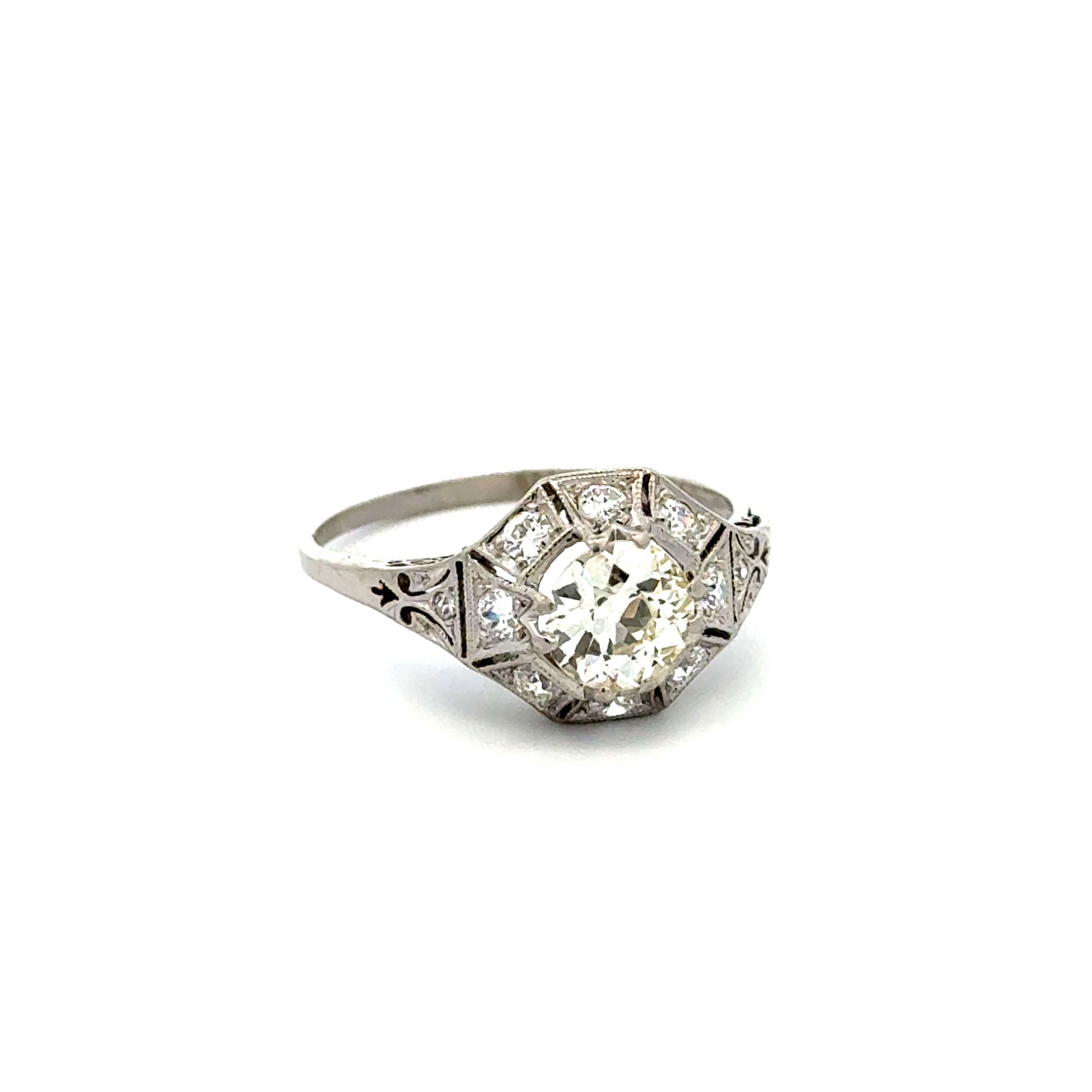 18K WG Art Deco .90ct OEC Diamond & .45tcw OEC Diamond Filigree Ring 3.6g, s8