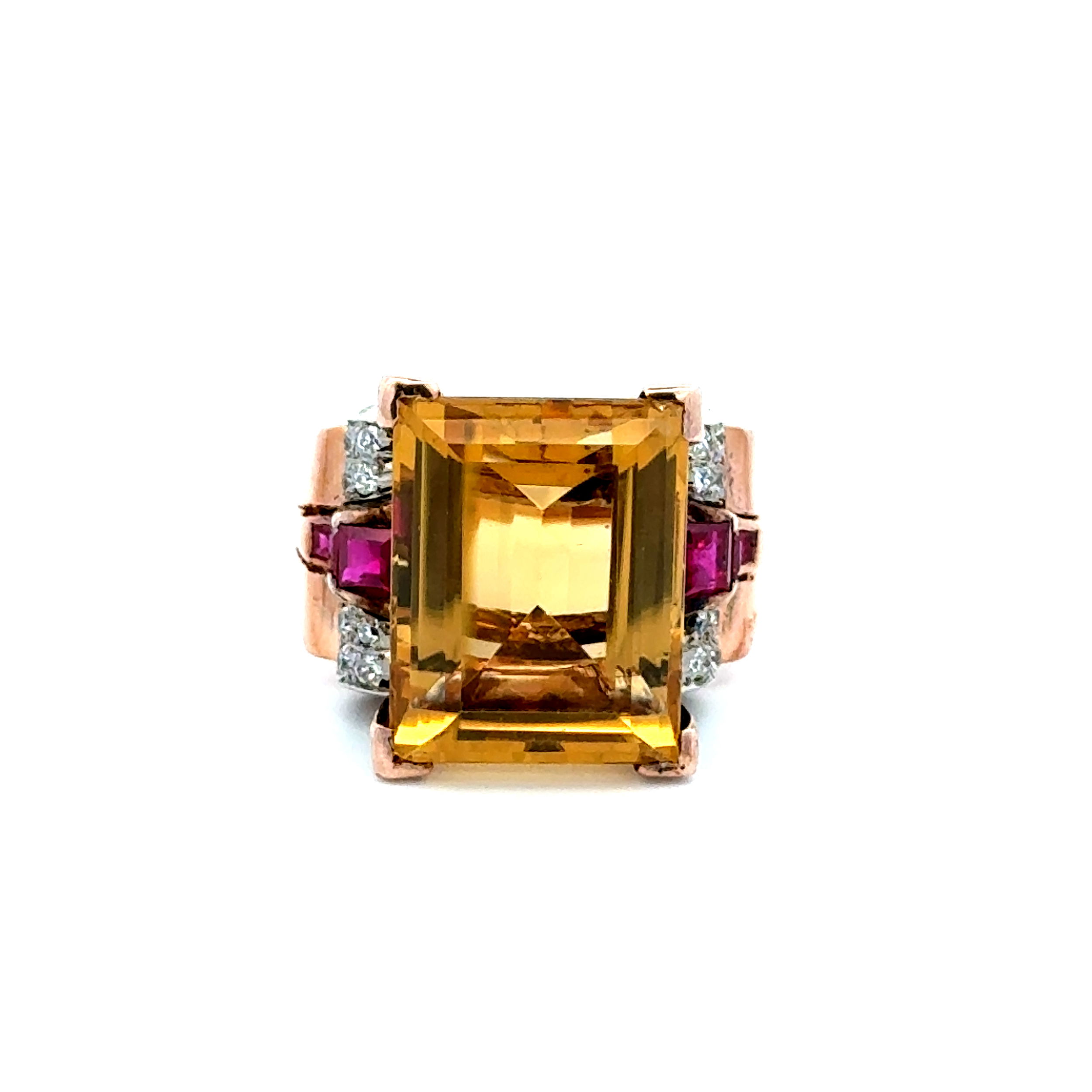 Platinum & 14K RG Retro 12ct Citrine, Syn Ruby & .32tcw OEC Diamond Ring 10.2g, s6.75