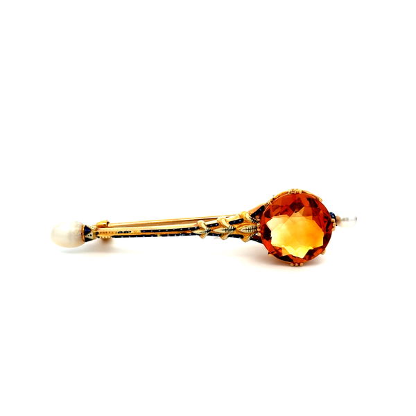 Closeup photo of 22K & 14K YG Art Nouveau 5ct Round Citrine, Enamel & Pearl Jabot Brooch 6.6g, 2.2"