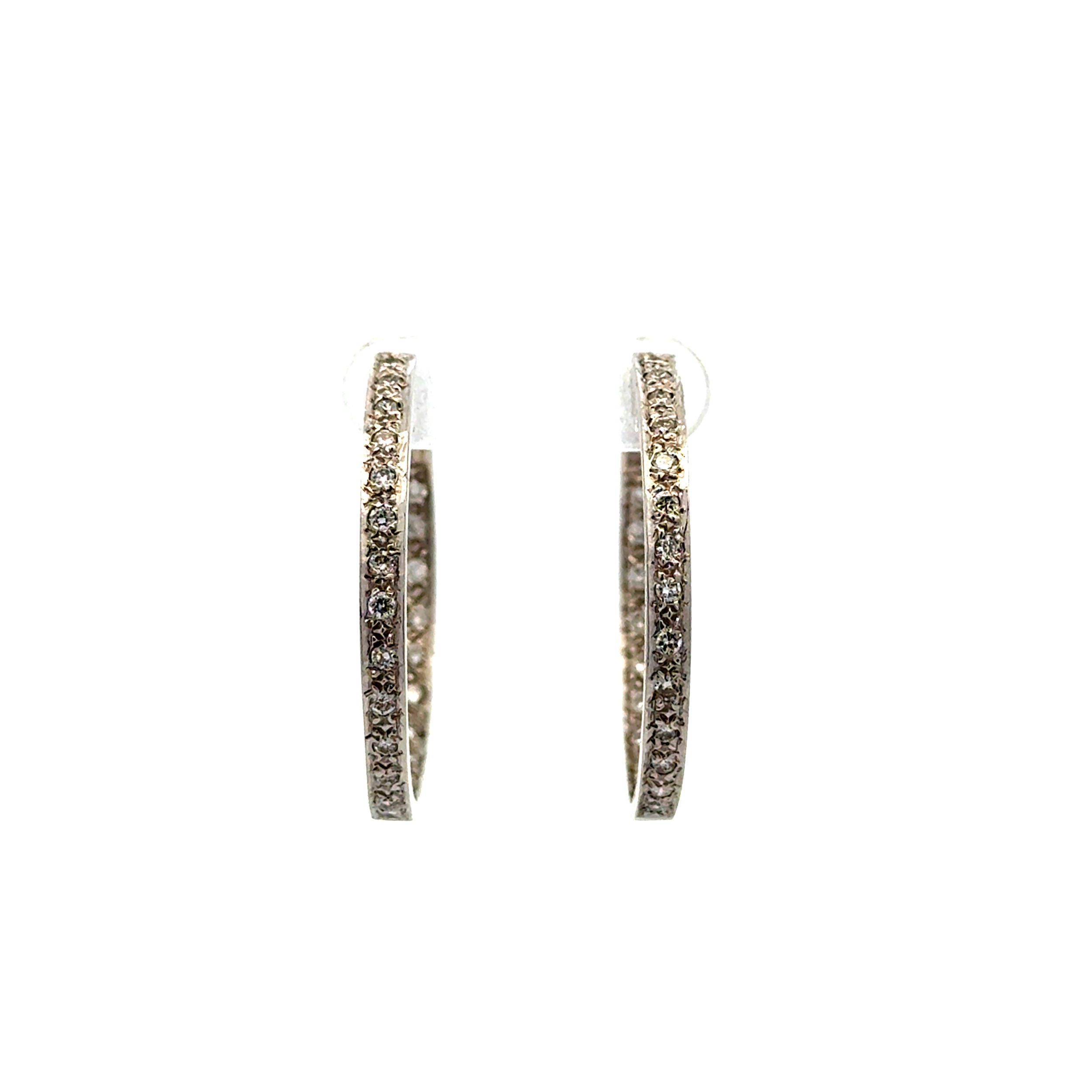 14K WG Inside Out 1.50tcw RBC Diamond Hoop Earrings 8.9g, 1.25"