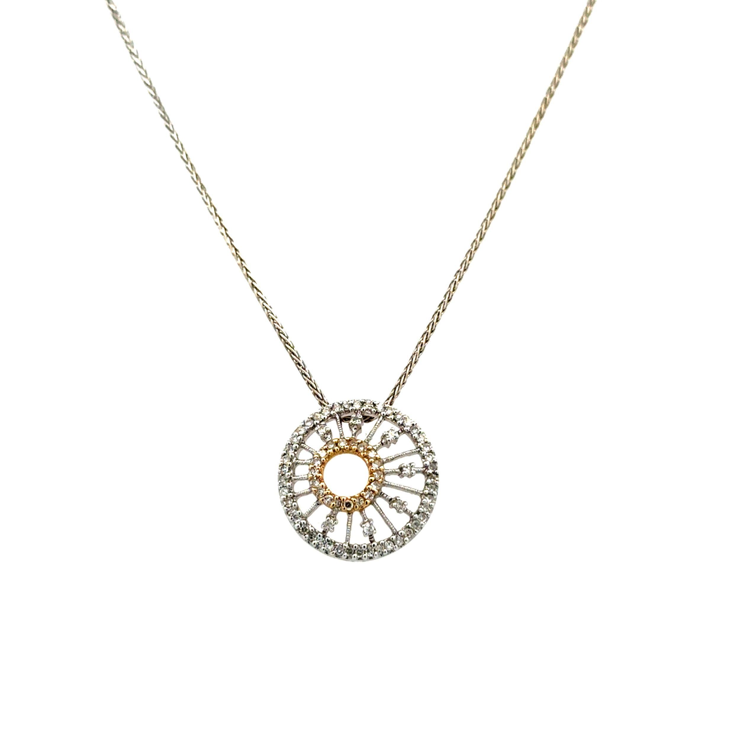 14K 2tone .30tcw Pave Diamond Off Center Circle Star Pendant Necklace 4.2g, 18"