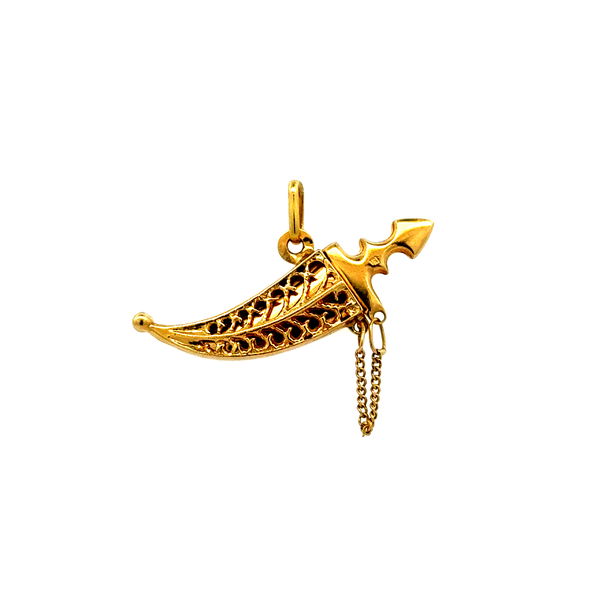 Closeup photo of 18K YG Dagger Charm with Shealth, Chain and Bale 3.6g, 1.25"