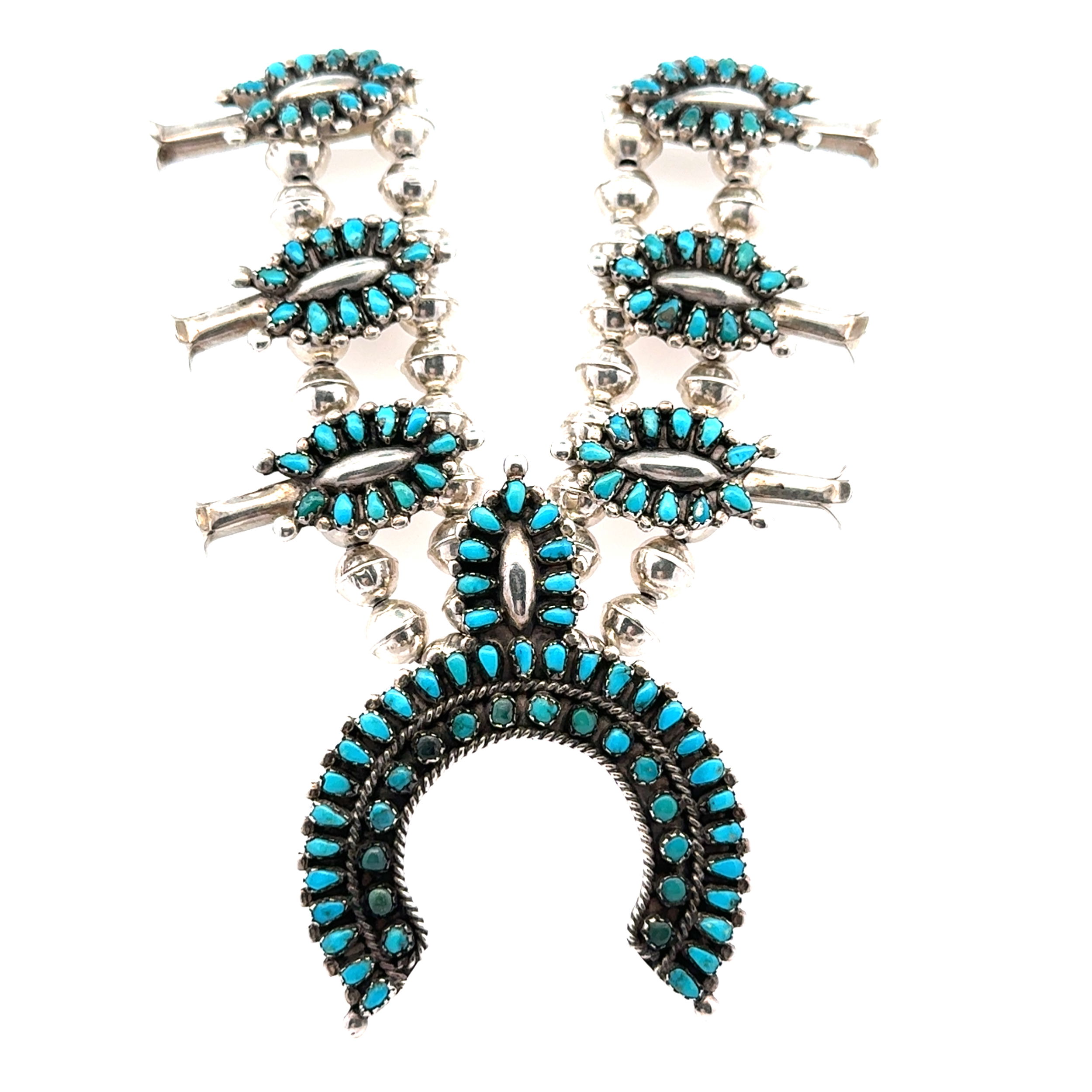 925 Sterling Native Turquoise Zuni Petit Point Squash Blossom Necklace 84.8g, 24"