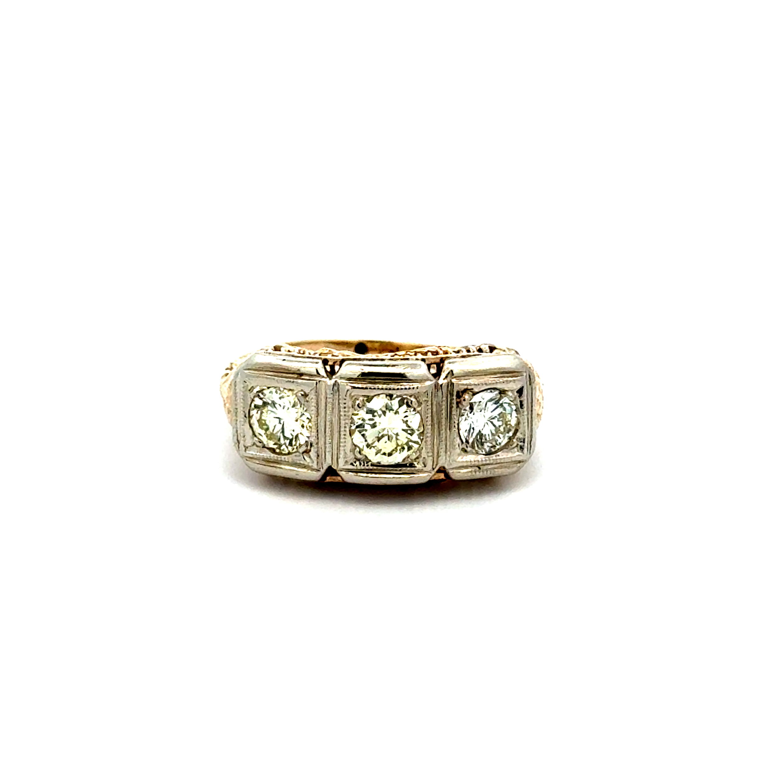 14K 2tone Art Deco 3 Stone .85tcw RBC Diamond Engraved Filigree Ring 3.0g, s5