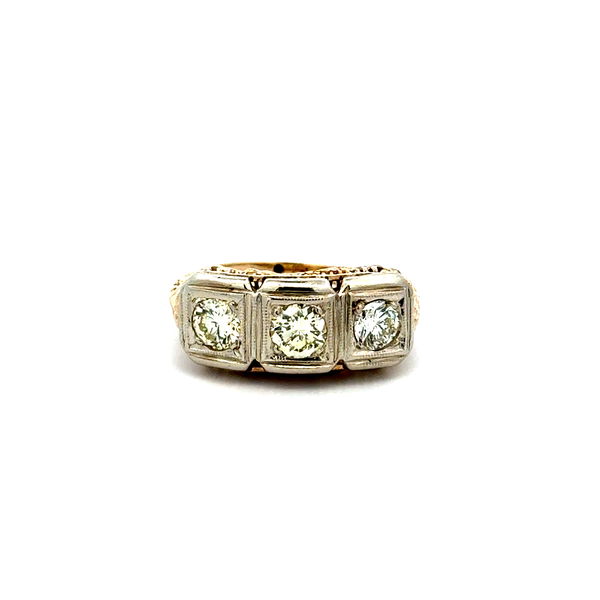 Closeup photo of 14K 2tone Art Deco 3 Stone .85tcw RBC Diamond Engraved Filigree Ring 3.0g, s5