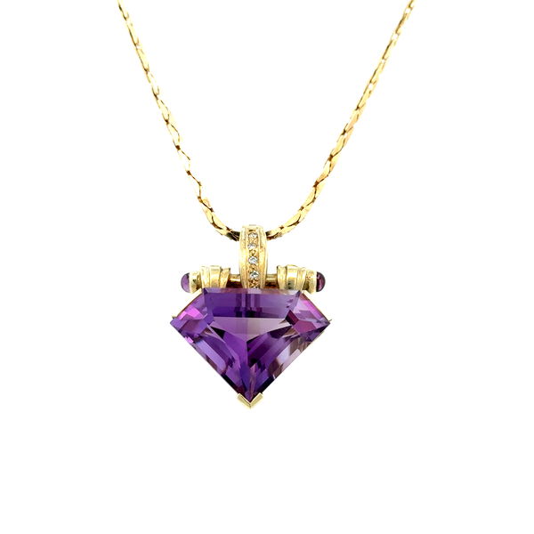 Closeup photo of 14K YG 10ct Fancy Cut Amethyst & .04tcw Diamond Pendant Necklace 13.4g, 20"