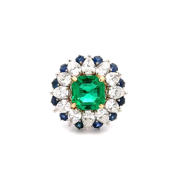 Closeup photo of Platinum 2.20ct NO OIL Columbian Emerald GIA, 2.10tcw Pear Diamond & 1.00tcw Sapphire Ring 9.4g, s5