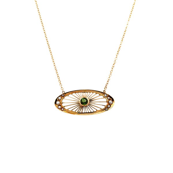 Closeup photo of 14K YG Victorian Green Stone & Seed Pearl Oval Sunburst Necklace 2.7g, 18"